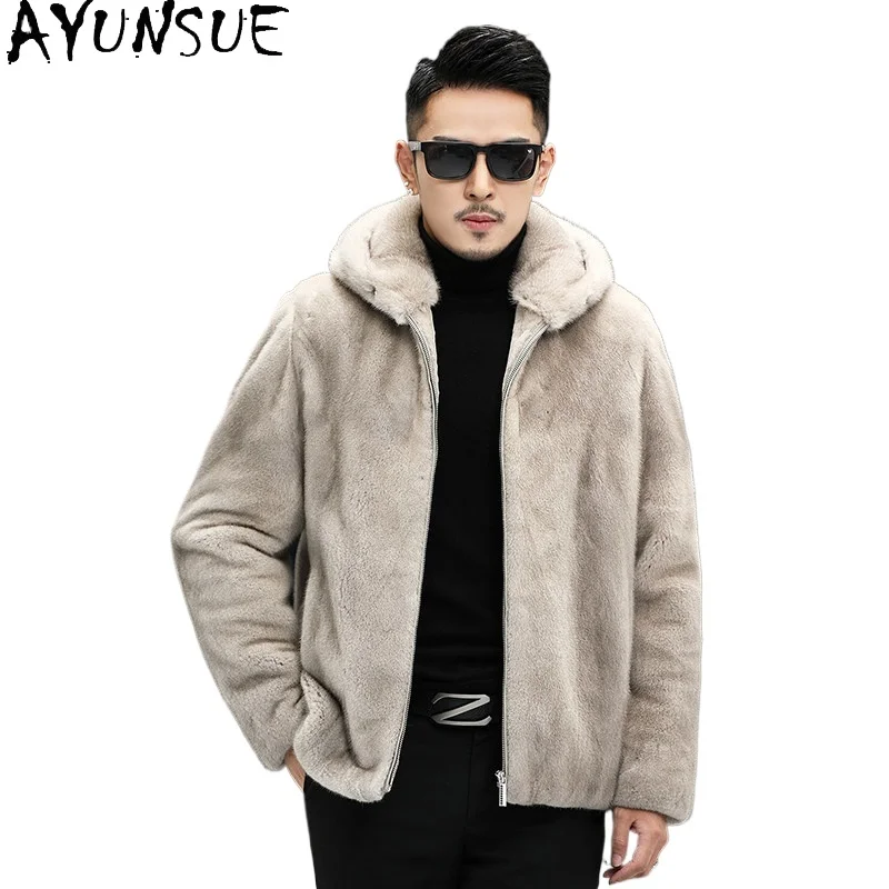 AYUSNUE Natural Mink Coat Men Luxury Clothes Fashion Winter Jacket Whole Female Mink Real Fur Coats Male Hoodie Warm Дубленка