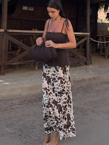 Imagen 2 del producto MUJER, faldas largas de satén con estampado para mujer, Falda Midi de cintura alta, cinturón de primavera para mujer, falda cilíndrica Vintage para mujer, conjuntos de falda