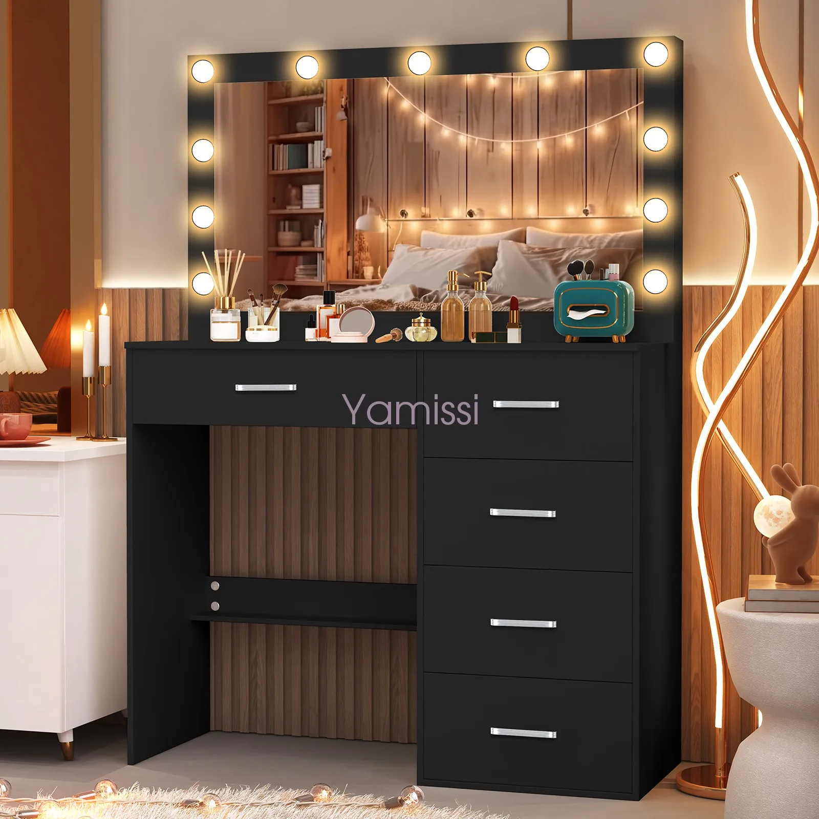 Туалетный столик для макияжа Светодиодный туалетный столик с зеркалом с подсветкой и 5 ящиками для хранения Туалетный столик для макияжа