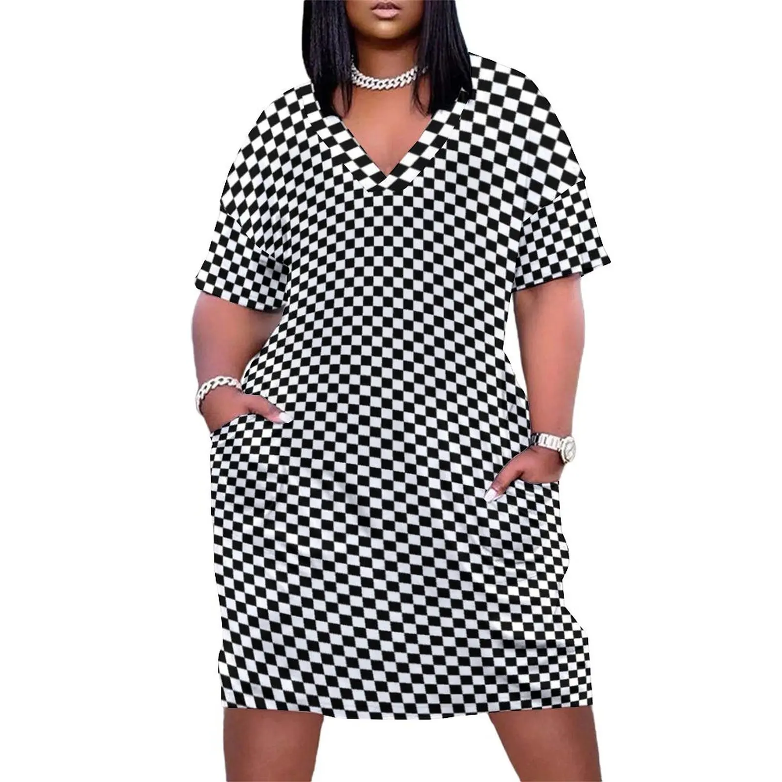 

Black White Checker Design Bedspread - Mini Chess Sticker Loose Pocket Dress Women"s summer dress dress women elegant luxury