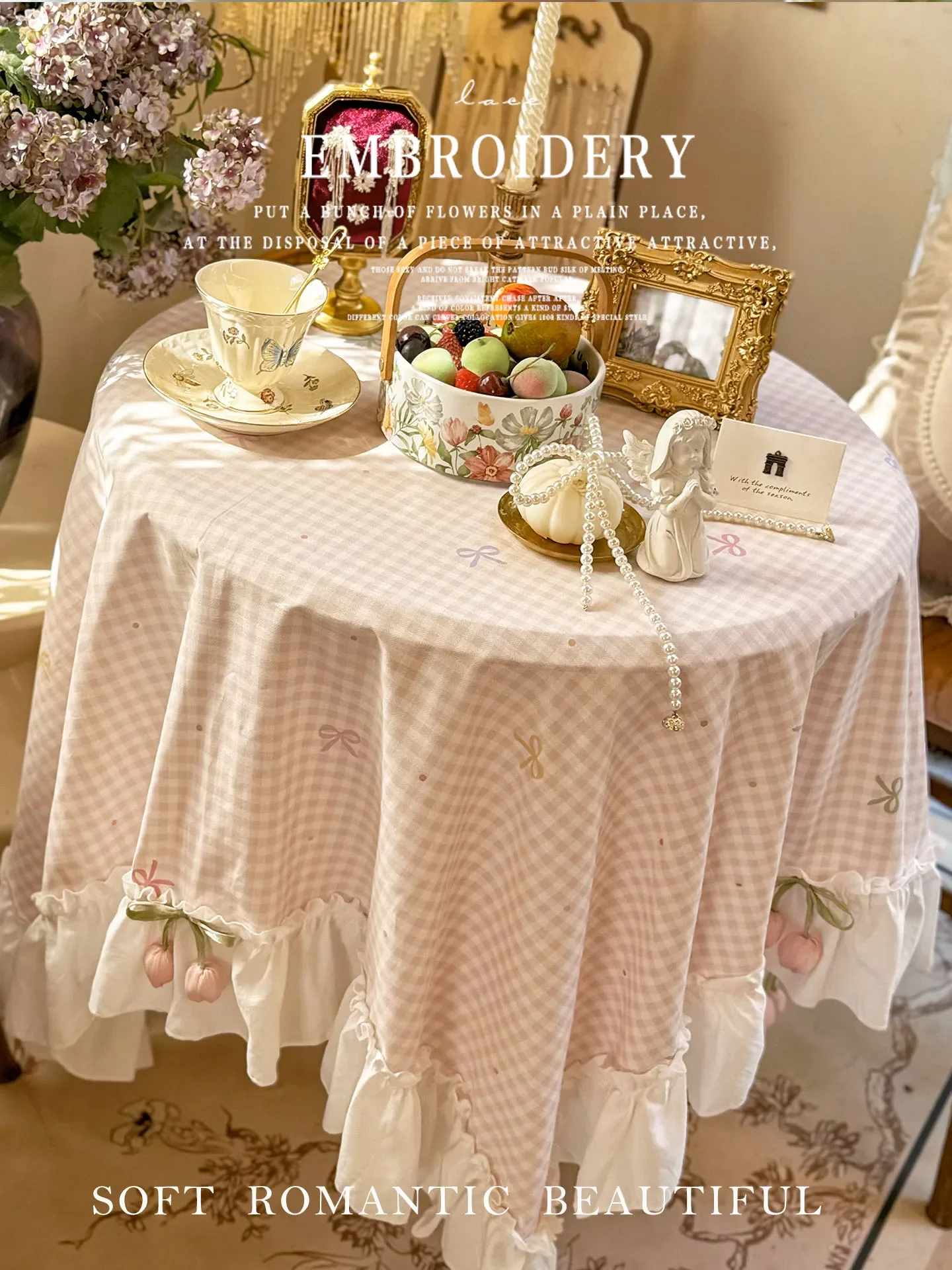 French Romantic Cream Style Pink Plaid Cotton Rectangular Tablecloth Multi-scene Decor Table Cover for Dessert Coffee Decoration