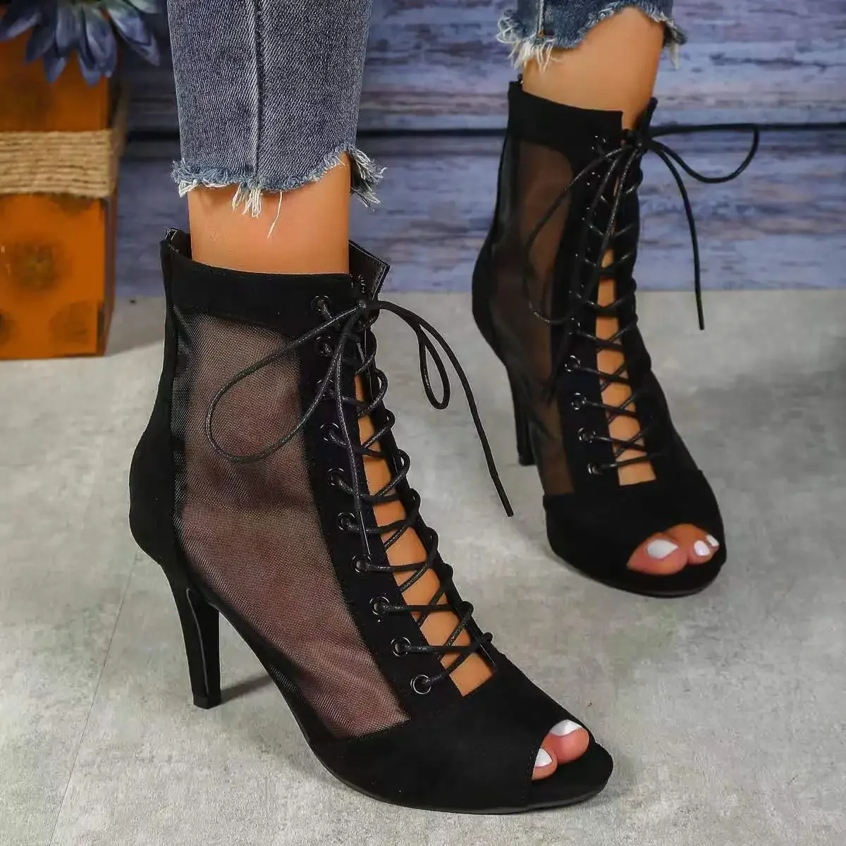 2023 New Fashion Trend Peep Toe Boot Stilettos Jazz Dance Female Shoes Ballroom Suede Sole Customizable Latin Dancing Booties