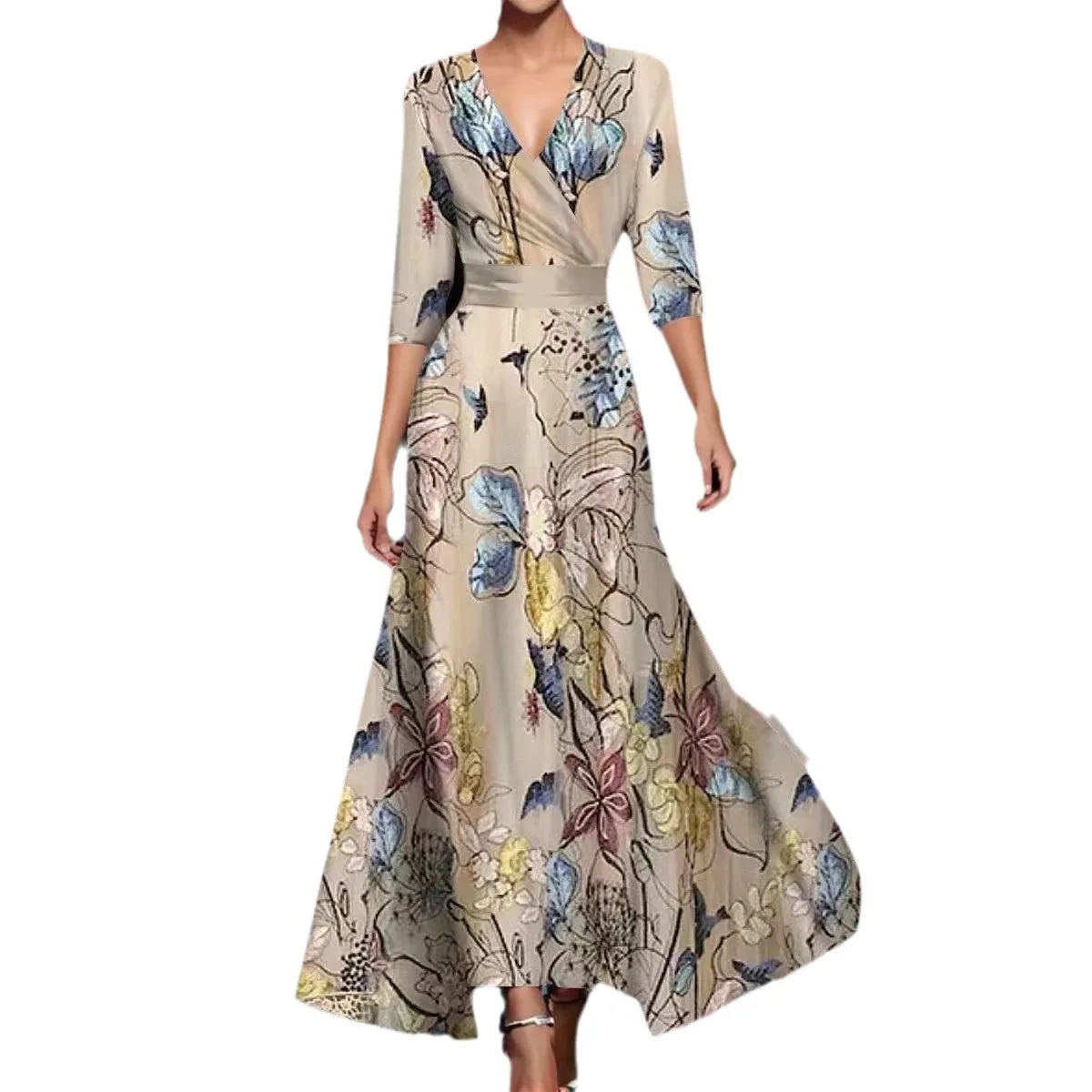 Womens Robe Sexy Deep V Neck Tunic Evening Dress Spring Casual 3/4 Sleeve Hem A-Line Dress Summer Floral Print Boho Long Dresses