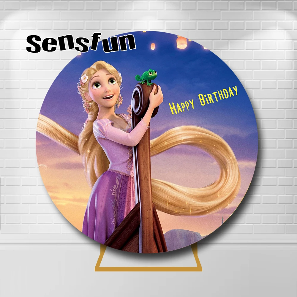 Princess Tangled Rapunzel Round Backdrop Blue Purple Gold Long Hair Girls Happy Birthday Party Circle Background Supplier