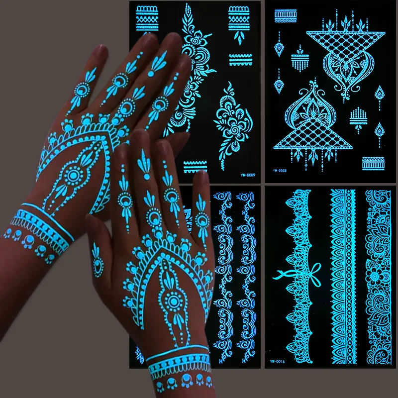 

6pcs Set Glow in The Dark Henna Tattoo Stickers-6 Styles Lace Body Art Temporary Tattoos with 32+ Designs for Hands Arms Body