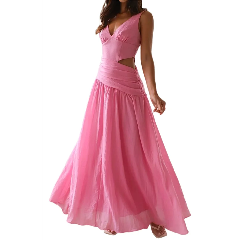 【SEE】レディース ロング ドロップ ウエスト シャーリング サマー パーティー ドレス 流れるような V ネック カットアウト プリーツ レディース ドレス