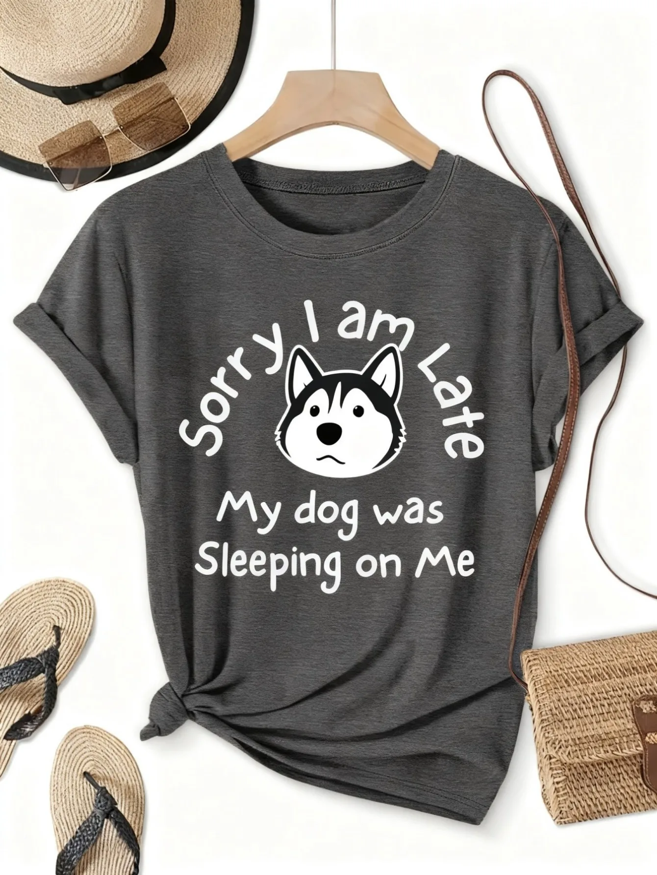 

Plus size women's short sleeve T-shirt Sorry I Am Late My Dog Was Sleeping On Me Spring and Summer Essentials summer outfits