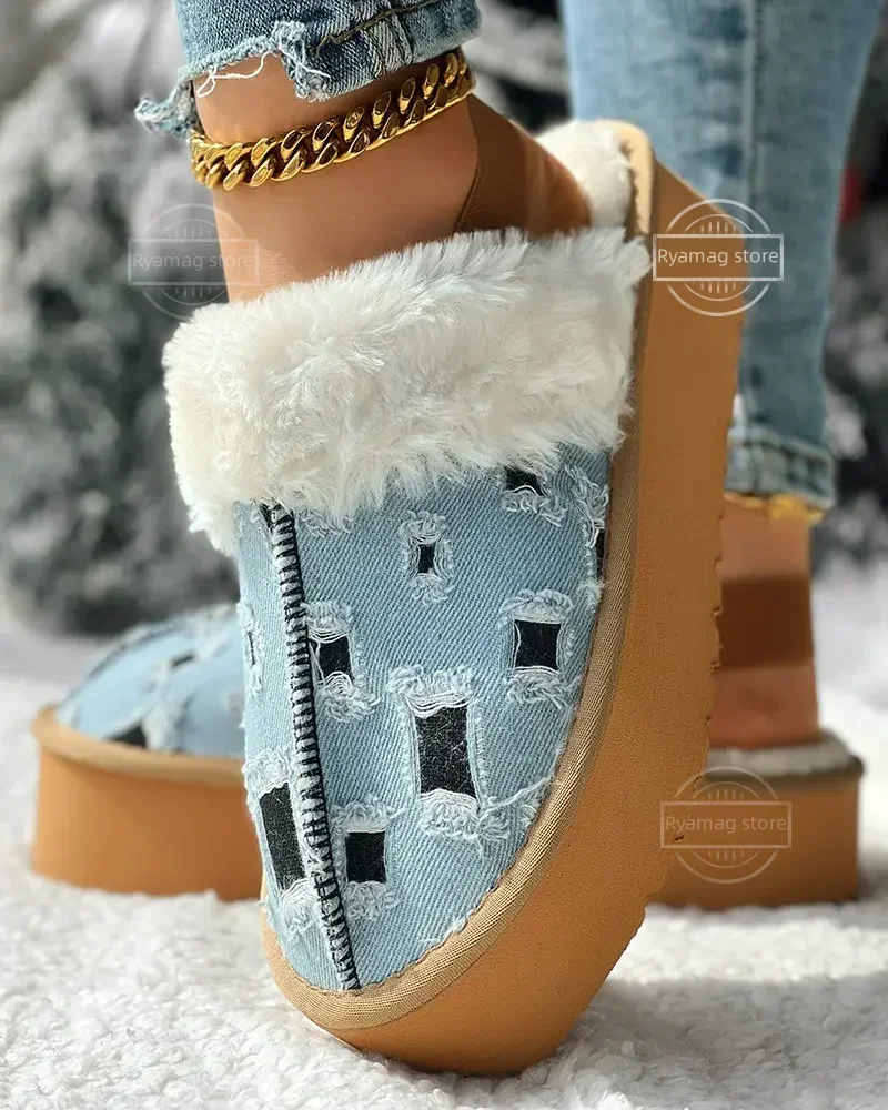 Slippers Women Colorblock Fuzzy Lined Platform Ripped Winter Plush Sandals Luxury Platform Slides Female Thick Sole Cotton Shoes