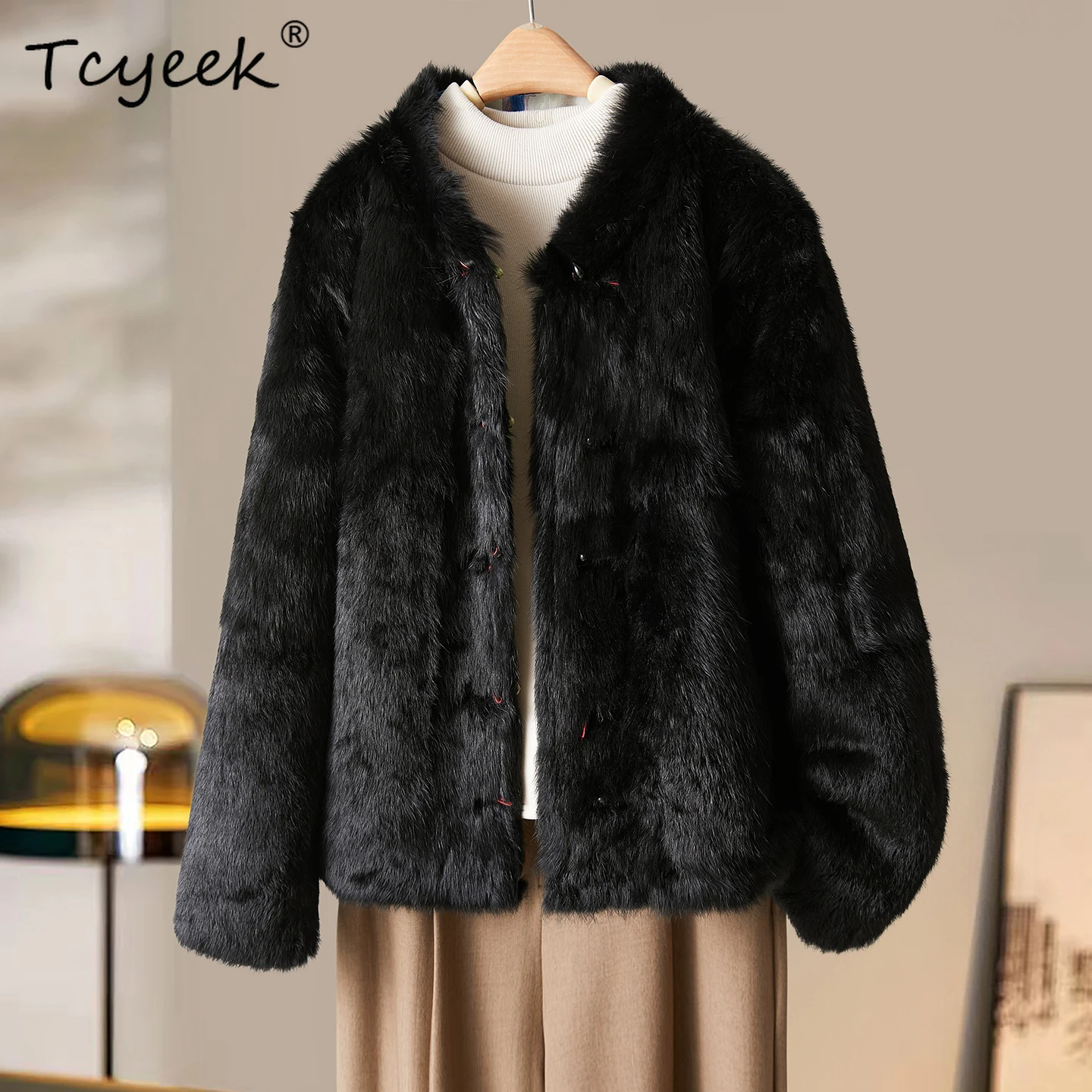 

Tcyeek Real Rabbit Fur Coat Women Winter Clothes Warm Real Fur Jacket Womens Coat New in Coats Stand Collar 2025 Fourrure Femme