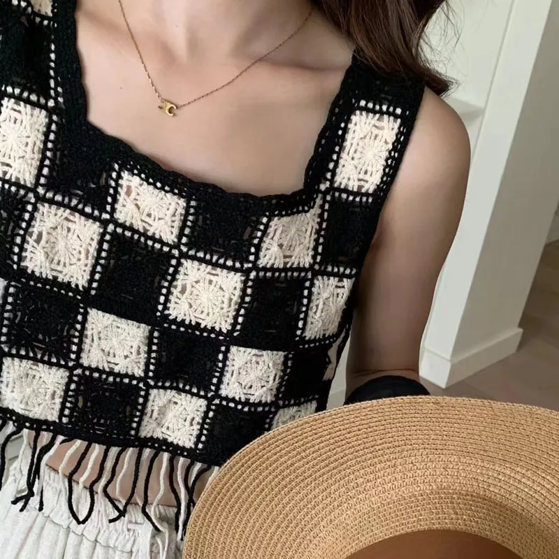 Langweilige Honig Retro Check Sommerkleid ung für Frauen Quasten aushöhlen gestrickte ärmellose Korsett Tops quadratischen Kragen Crop Top Frauen