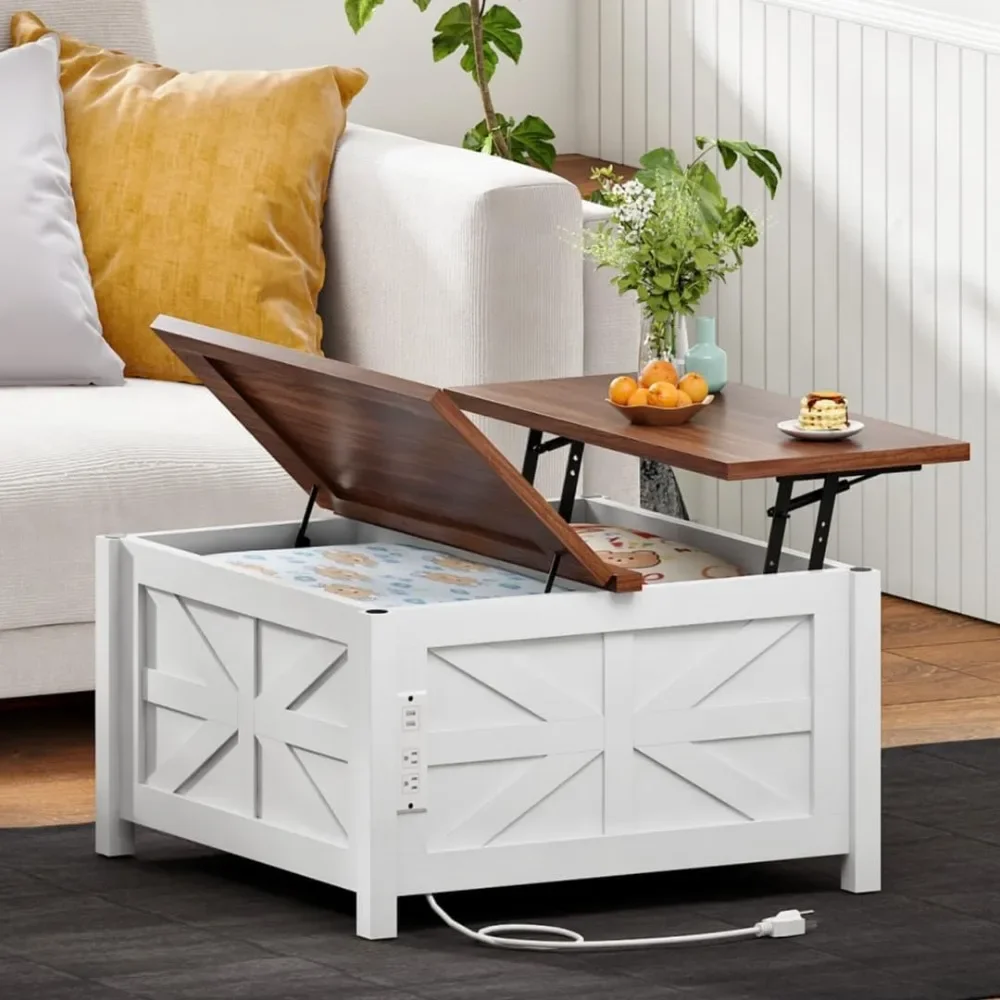 

31.5" Lift Top Coffee Table, Farmhouse Coffee Table with Charging Station and Storage, 2 AC Outlets and 2 USB Ports, White and W