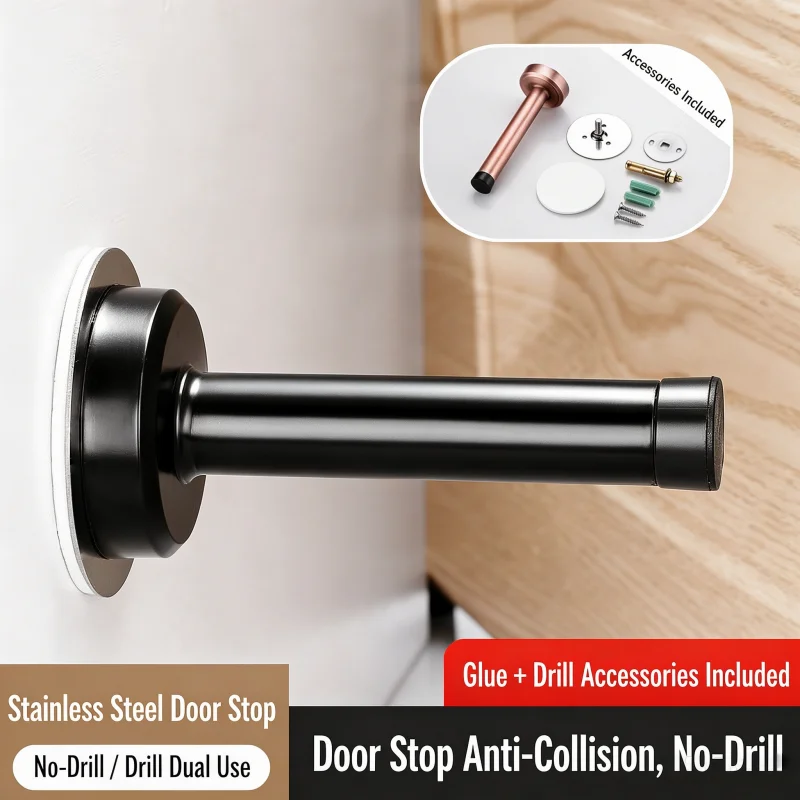 Household Door Hardware Stainless Steel Door Limiter, No Punch Anti-collision Door Holder Rubber Shockproof Buffer Door Stop