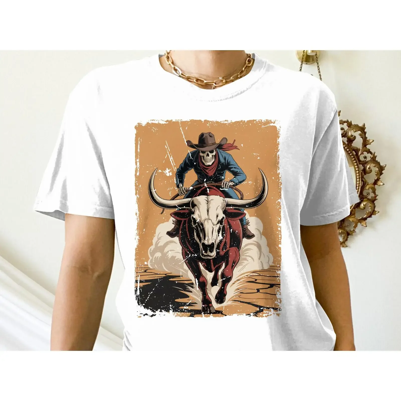 Vintage Cowboy Skeleton Bull Rider T Shirt Western Rodeo Desert Unique Skull Casual Top vintage Washed Stylish streetwear