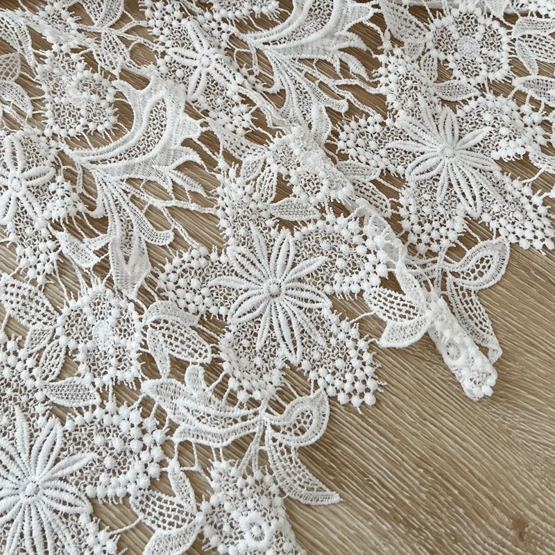 Exquisite White Embroidered Lace Fabric with Hollow Out Design for DIY Apparel and Home Decoration Fabric By The Yard