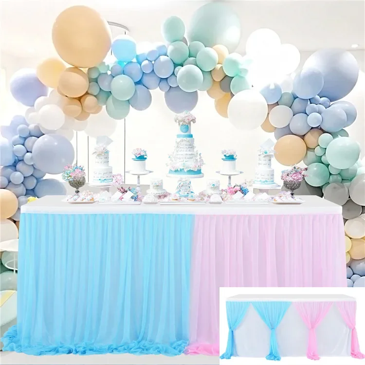 Falda de mesa con tutú de tul para boda, falda de mesa para fiesta de cumpleaños, falda de mesa a rayas, mantel plisado con bloques de colores, accesorios de decoración festiva