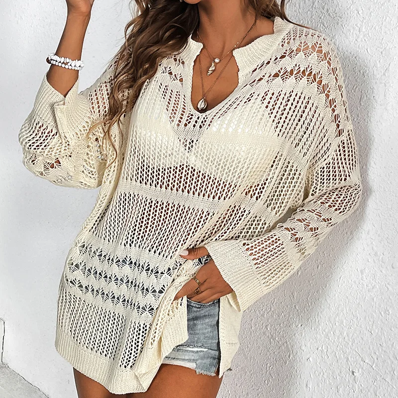 

2025 Summer Women's Hollow Out Knit Cover Up Loose Fit V Neck Long Sleeve Beachwear Summer Casual Lightweight Crochet Top