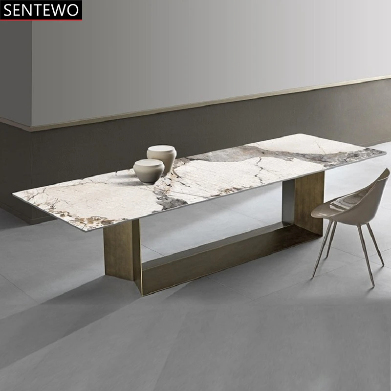 SENTEWO Ltalian Luxury  Marble dining table with 8 dinning chairs Carbon steel base dinner table chair set basse marbre