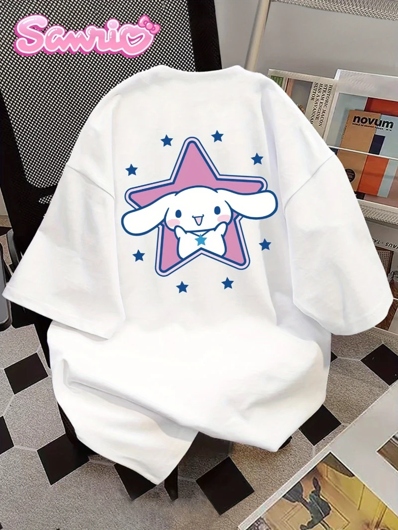 

Sanrio Women's T-shirt - Cute Rabbit and Star, Summer Cotton Soft Comfortable, Loose and Fashionable Round Neck Short Sleeve Top