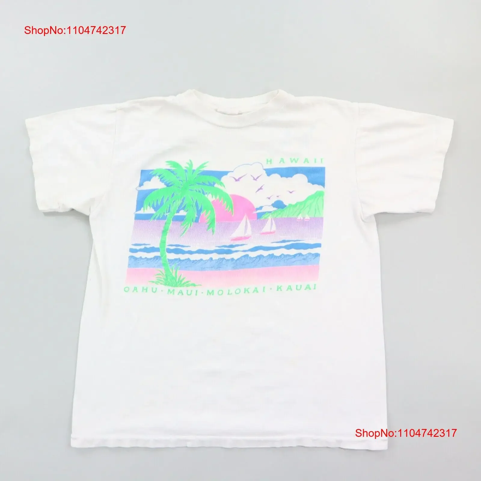 Camiseta Vintage hawaiana para hombre, color blanco medio, neón Tropical, años 90, Oahu Maui Molokai, vintage, lavado, gráfico versátil, cómodo
