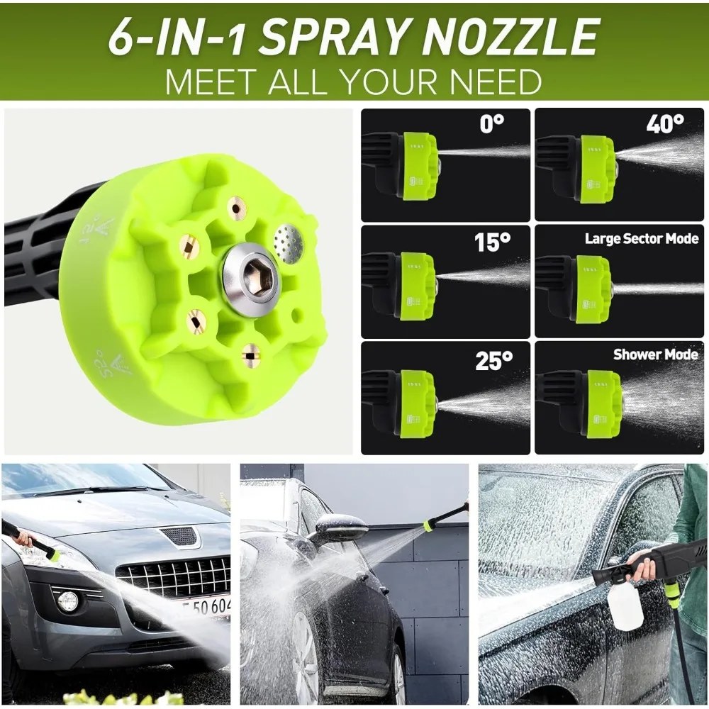 Bezprzewodowa myjka ciśnieniowa, 1200 PSI, zasilana akumulatorowo, z dyszą pianową, dysza 6-w-1, przenośna myjka ciśnieniowa do samochodu, patio, domu i ogrodu.