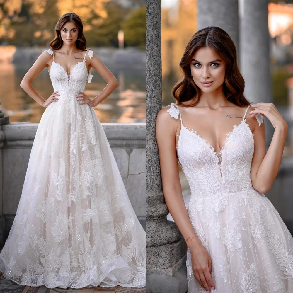 

Customized Delicate White Organza Wedding Dress Elegant V-neck Spaghetti Straps Vestido De Novia Exquisite Backless Bridal Gowns