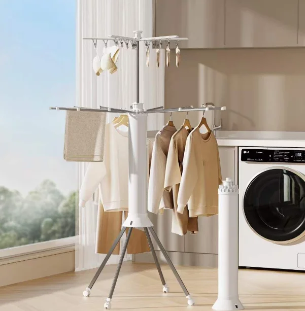 Clothes Drying Rack, Foldable Rotary Tripod,  Pull-Out Wood Arms Rotatable Portable Floor Standing Clothes Airer, Laundry Room