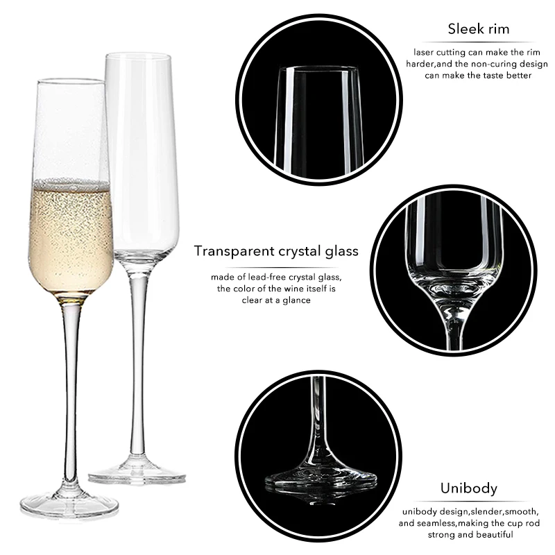 Champagne Flutes (Set Of 2/6) 7.5 oz–Tall, Long Stem Crystal Clear Classic Dishwasher Safe, Quality Sparkling Wine Stemware