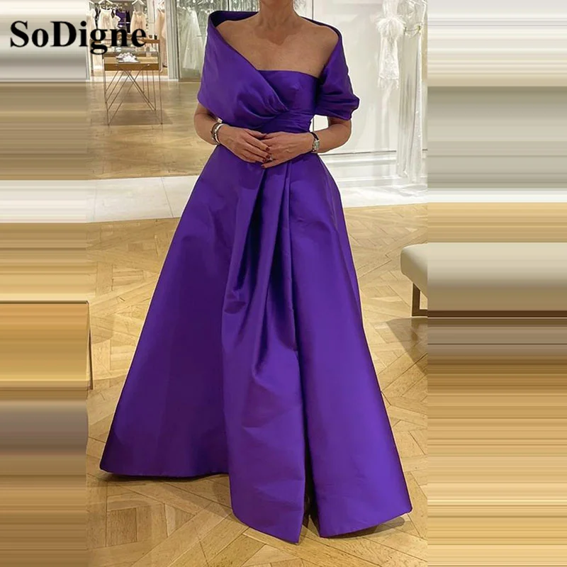 

SoDigne Purple Satin Prom Party Dresses Cap Sleeves Women A Line Arabic Formal Evening Gowns Floor Length Robe de soiree
