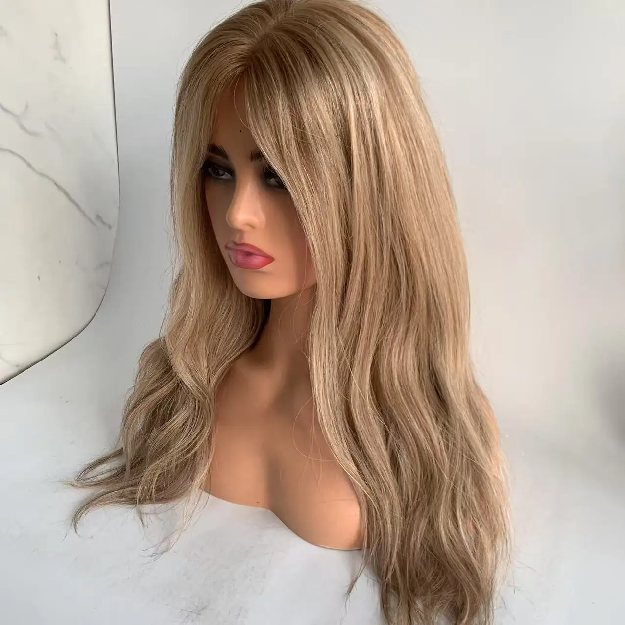 T8-16/60 Blonde Highlight Color Silk Top Silicone Cap Medical Gluless Wig Replacement European Human Hair For Alopecia Or Cancer