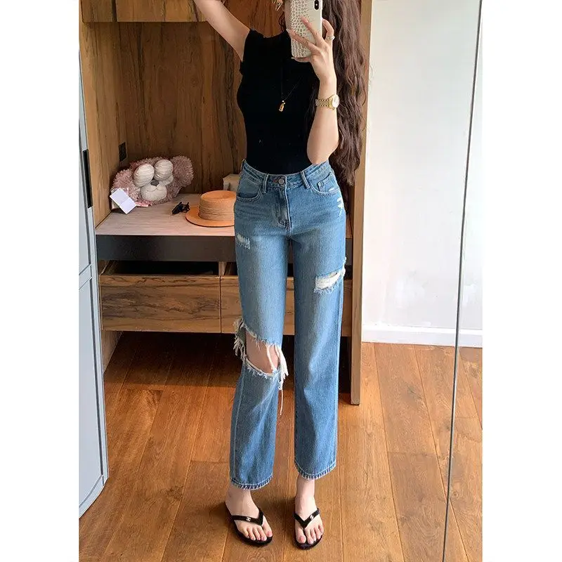 

2026 Summer New High-end Narrow Version Ripped Straight Jeans for Women High Waist Slim Slim Straight Nine-point Pants