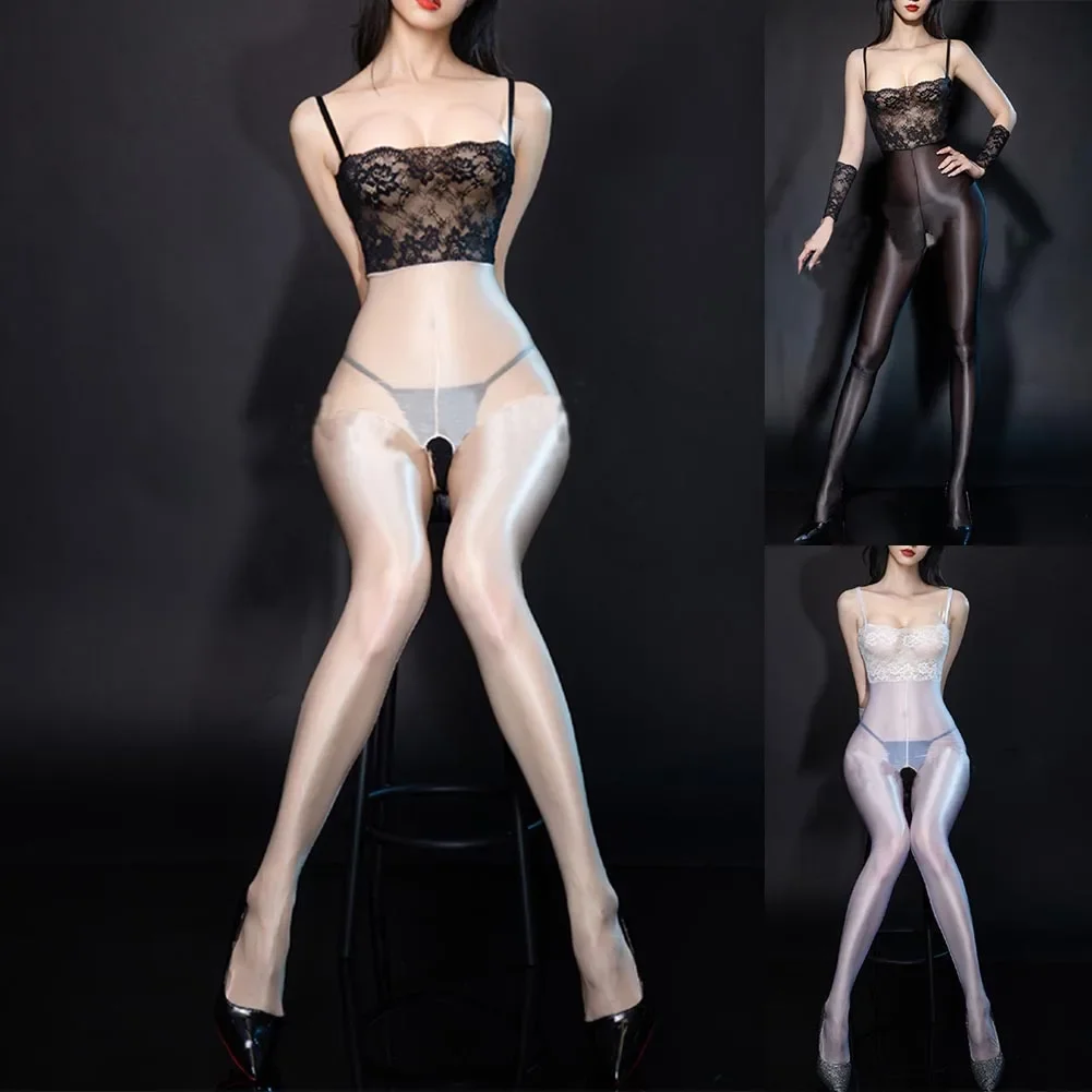 Ultra thin Sheer Bodystocking Jumpsuit Crotchless Lingerie for Women High Stretch Nylon Fabric White/Black/Skin Color