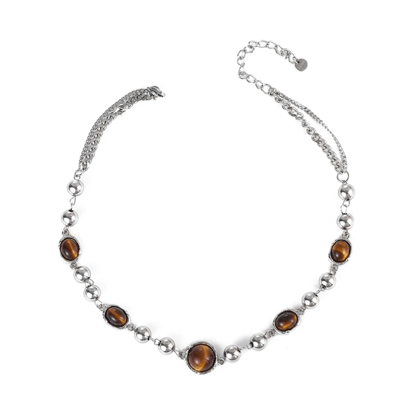 

Ожерелье-чокер с тигровым глазом для мужчин и женщин, серебряное ожерелье из нержавеющей стали с бисером, многослойное коричневое стеклянное ожерелье, модное ожерелье с тигровым глазом