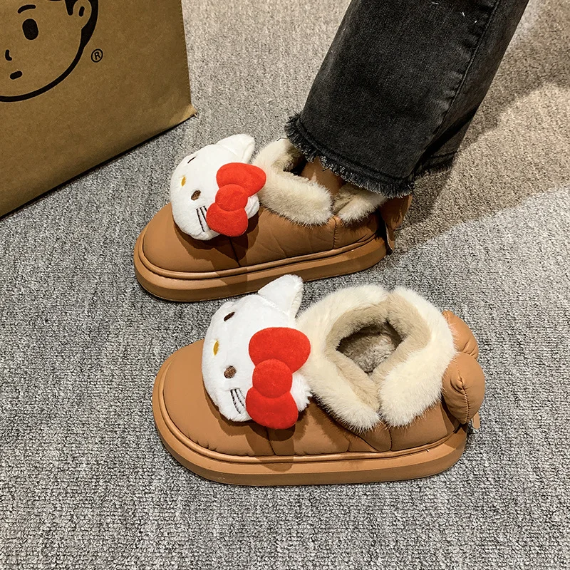 Sanrio winter hello kitty cute warm home women's shoes cartoon doll bow non-slip thick sole outdoor wear plush cotton shoes