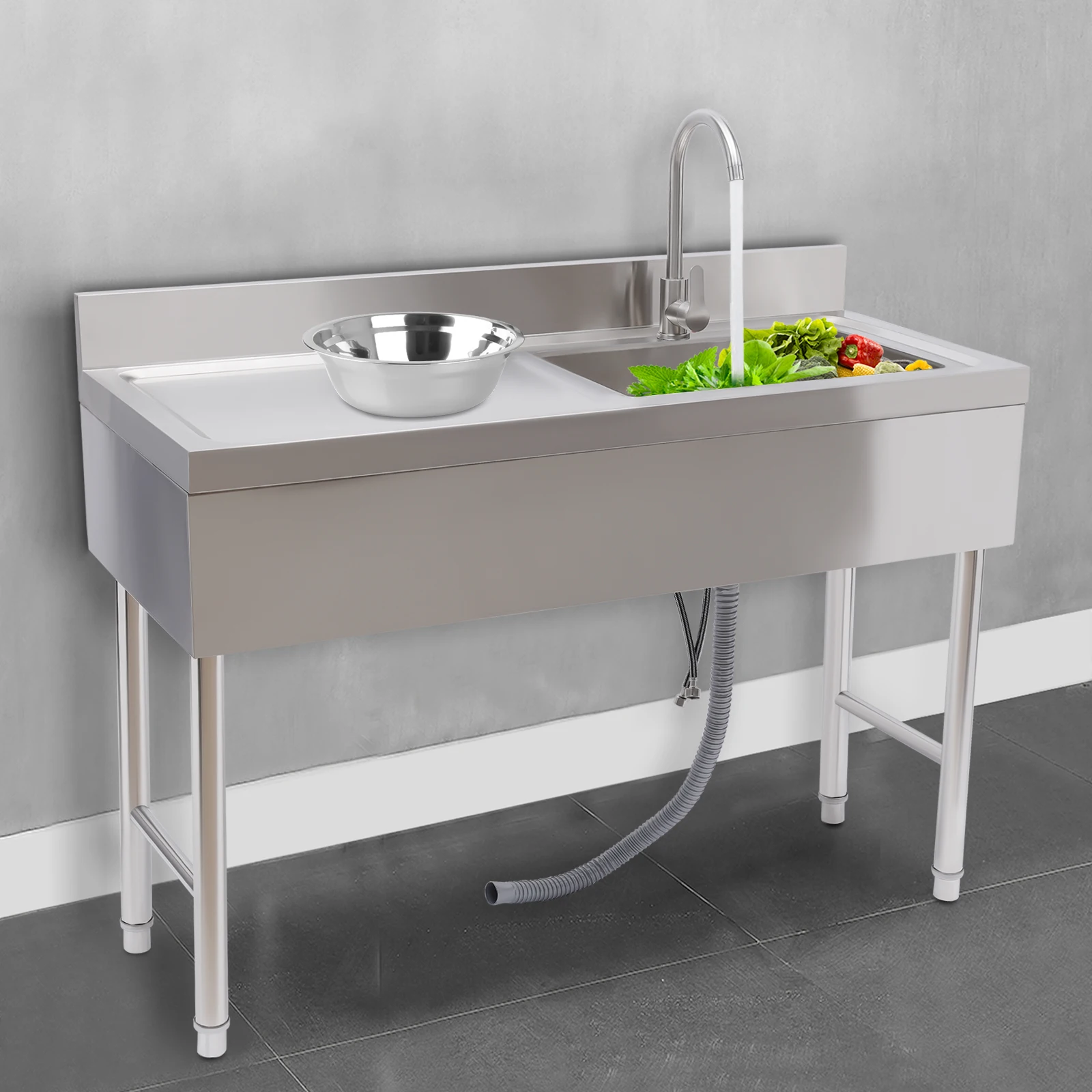 

Commercial Single Bowl Kitchen Restaurant Sink Freestanding 201 Stainless Steel With Faucet & Drainboard Workbench