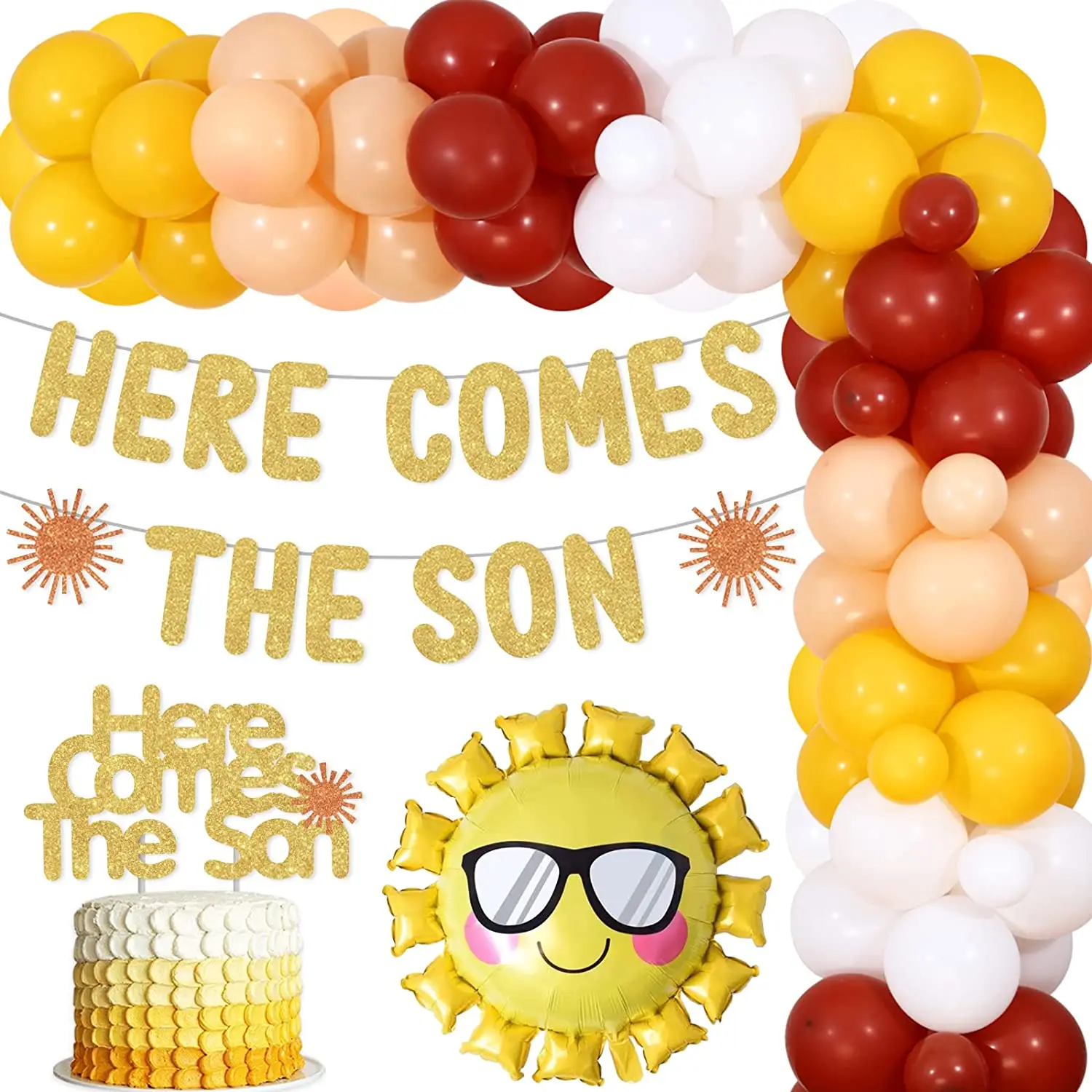 

Sunshine Baby Shower Decorations for Boys, Boho Here Comes The Son Glitter Banner, Cake Toppers, Balloon Garland Arch Kit Suppli