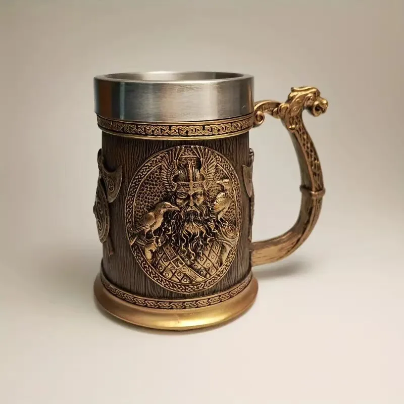 Norse Myth Style Beer Mug Medieval Dragon Resin Stainless Steel Beer Mug Retro Skull Tankard Coffee Mug Tea Cup Bar Decor