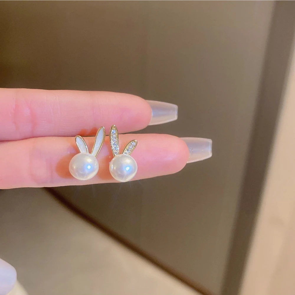 Korean Enamel Imitation Pearl Rabbit Bunny Stud Earring for Women Simple Animal Temperament Jewelry Christmas Girlfriend Gift