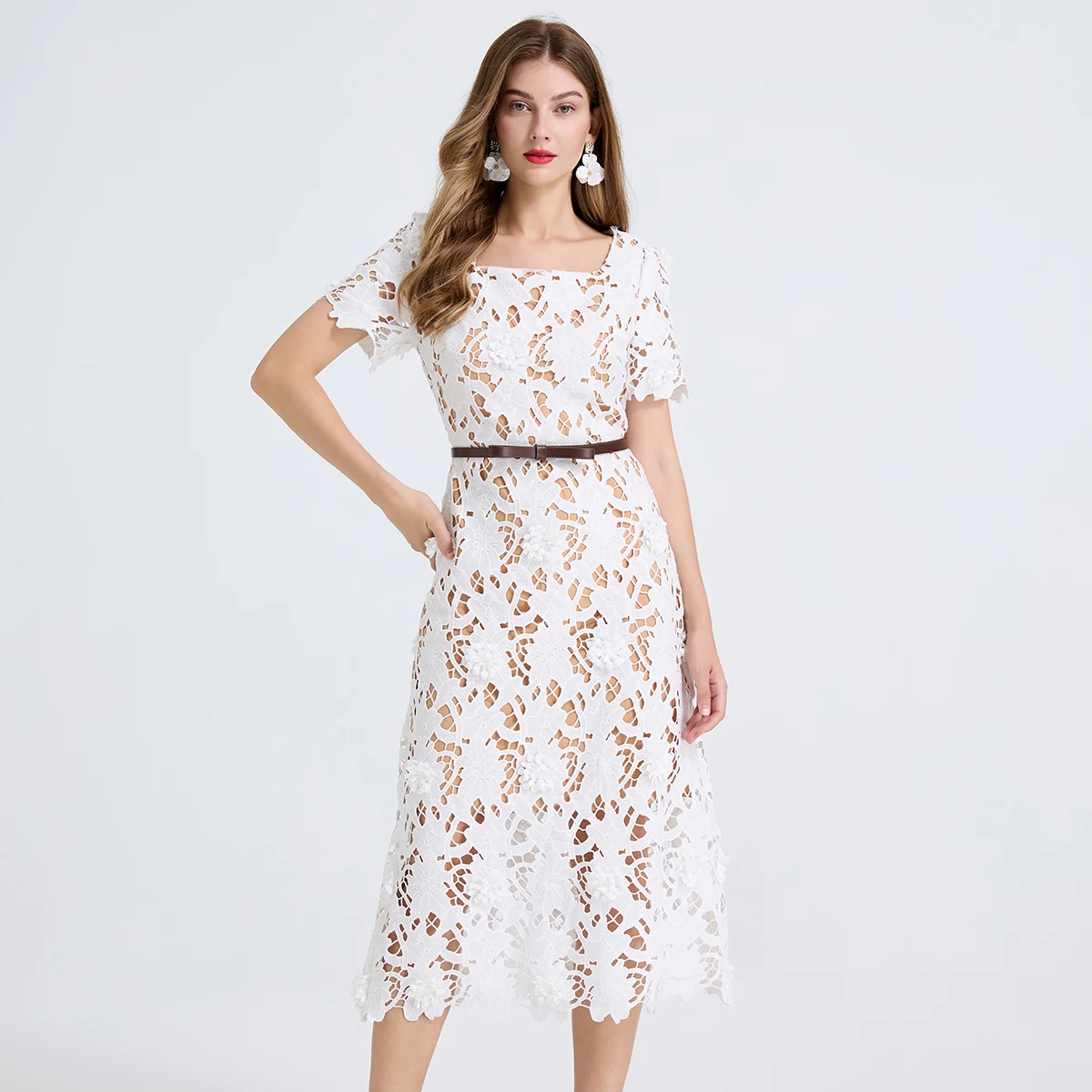

Brand Design Summer Embroidery Lace Long Dress Women Hollow Out Short Sleeve Midi Dresses Lady Belt Prom Evening Party Vestidos