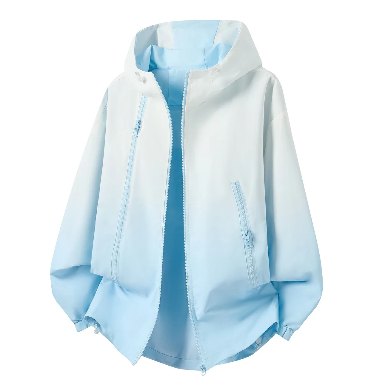 New Women Gradient Blue Hooded Windbreaker Jacket Design Loose Casual Outerwear Windproof Outdoor Sports Lightweight Hooded Coat