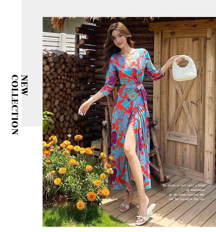 ZAROY Elegant Floral Beach Vacation Wrap Long Dress Summer Women Clothes Sexy V Neck Half Sleeve Belted Dress Vestido De Verano