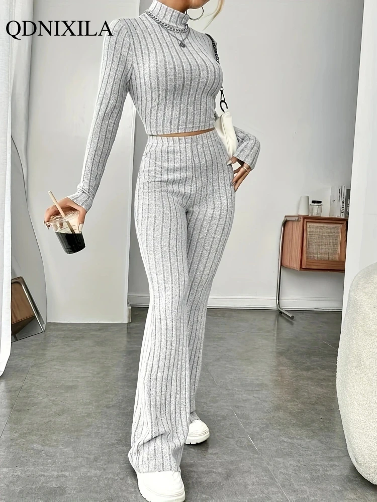 Autumn New Elegant Women\'s Sets 2024 Korean Fashion Turtleneck Pullover Hight Waist Casual Knit Pants 2 Piece Sets Women Outfit