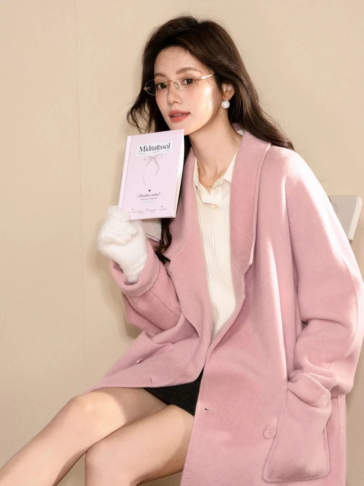 Abrigo de Lana Rosa ALXNAN, Talla Grande, Cuello de Solapa con Muescas, Bolsillos Inferiores, Corto, Mezcla de Lana, Primavera, Cálido, Chaquetas de Alta Calidad para Mujer L58157