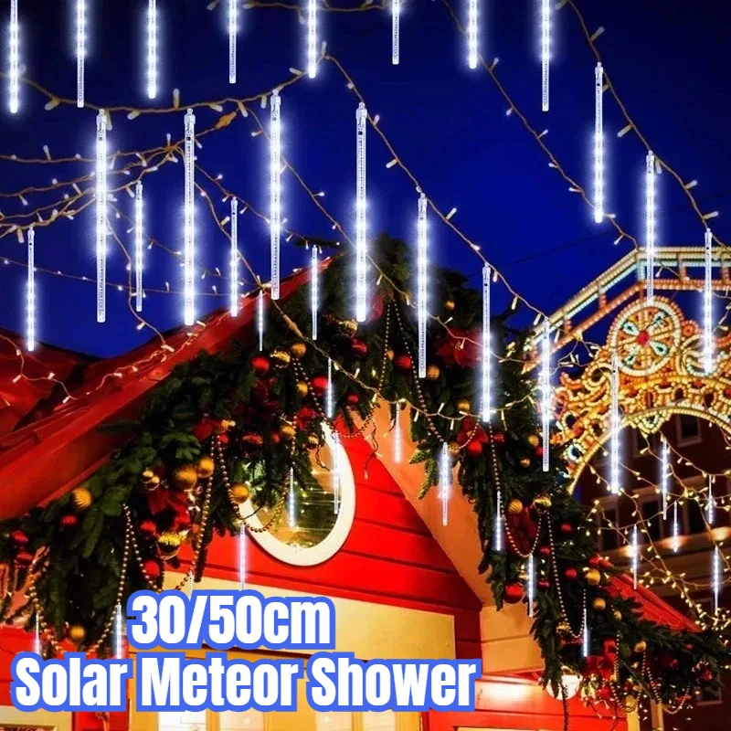 Solar Meteor Shower Rain Lights Outdoor Waterproof Icicle Fairy String Lights for Home Garden Christmas Raya Decoration