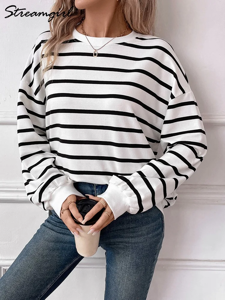 

Striped Oversized Sweatshirt Women Cotton Autumn Loose Long Sleeve Tops Casual Red Stripe Women's Sweatshirts Oversized Pullover