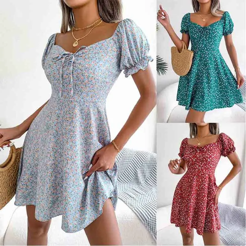 

Women Casual Ruffles Short Sleeve Floral Print A Line Dress