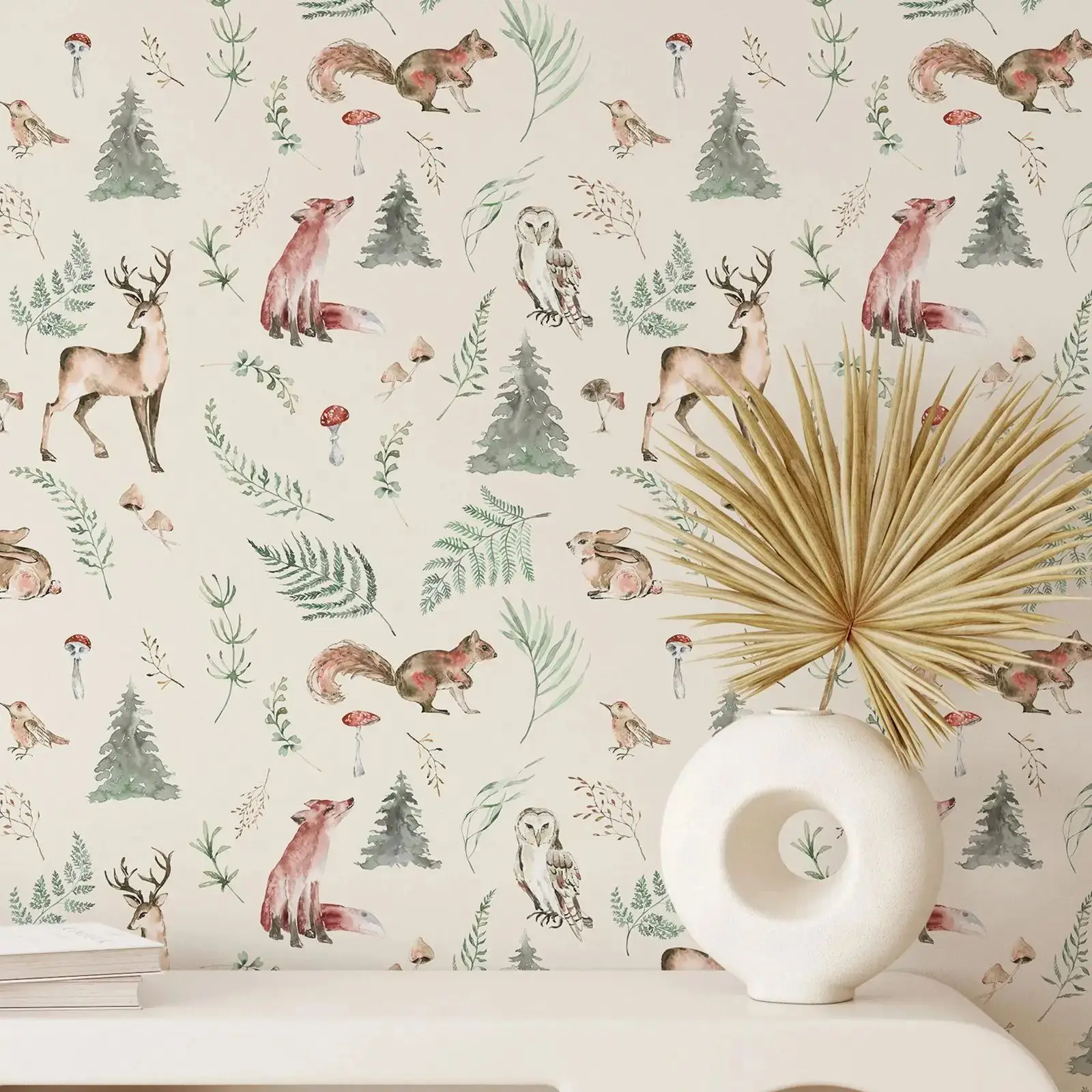 Forest Animals Wallpaper,Self Adhesive Botanical Wall Mural,Flower and Forest Peel and Stick or Traditional Paper For Kids Room