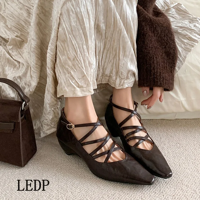 

LEDP Brand Design Sense Ins Style Square Wedge Heel Strap Buckle High Heels 2024 New Style To Wear Fashion Single Shoes Women