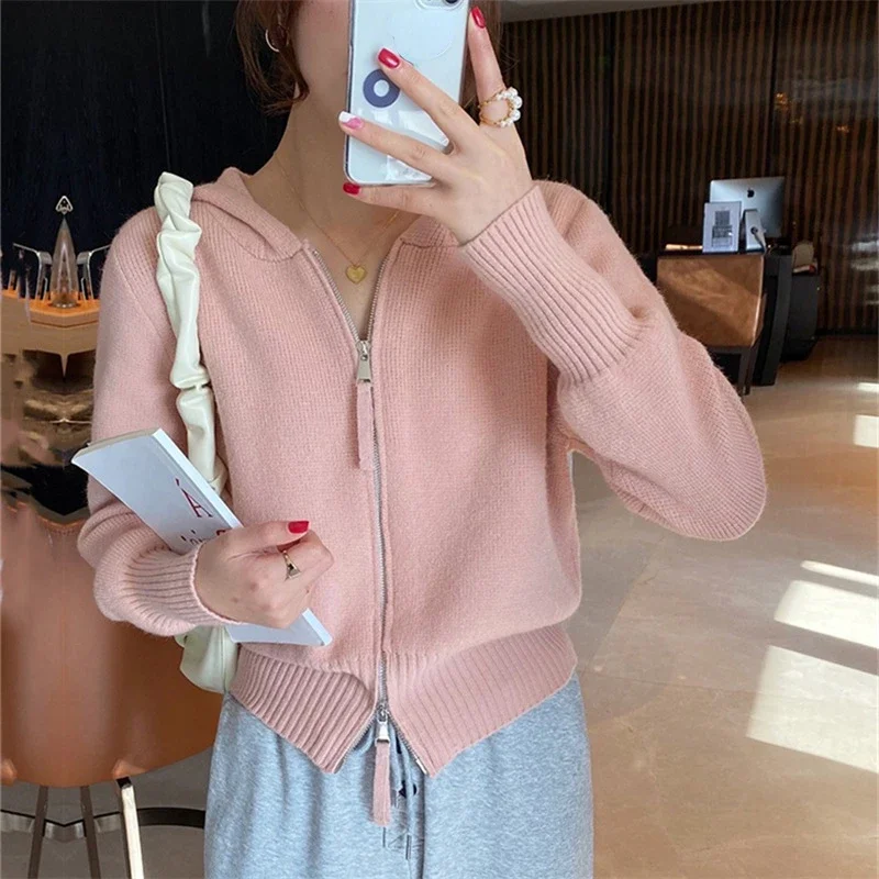 

Girls Zipper Knitted Cardigan Women Spring Short Small Hooded Sweater Coat Long Sleeve Knitwear Pink Sweater Streetwear Knit Top