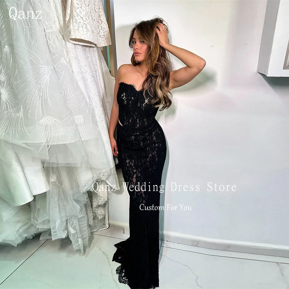 

Qanz Sexy Blck Lace Evening Dresses Mermaid Corset Back Vestido Fiesta Brillos Sweetheart Party Dresses Women Customized