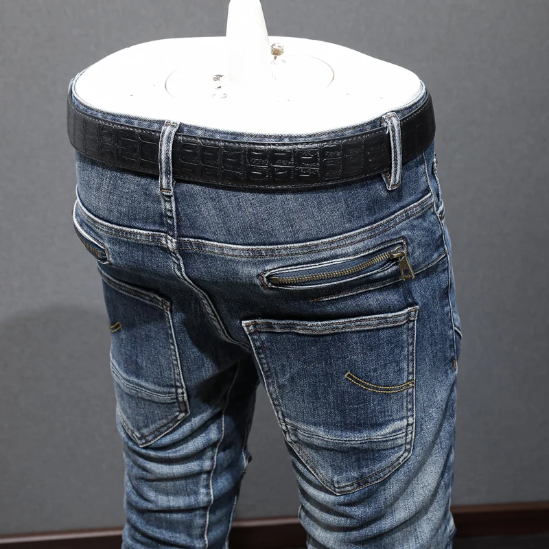 Street Fashion Men Jeans Retro Blue Elastic Stretch Skinny Ripped Jeans Men Zipper Spliced Designer Hip Hop Biker Pants Hombre